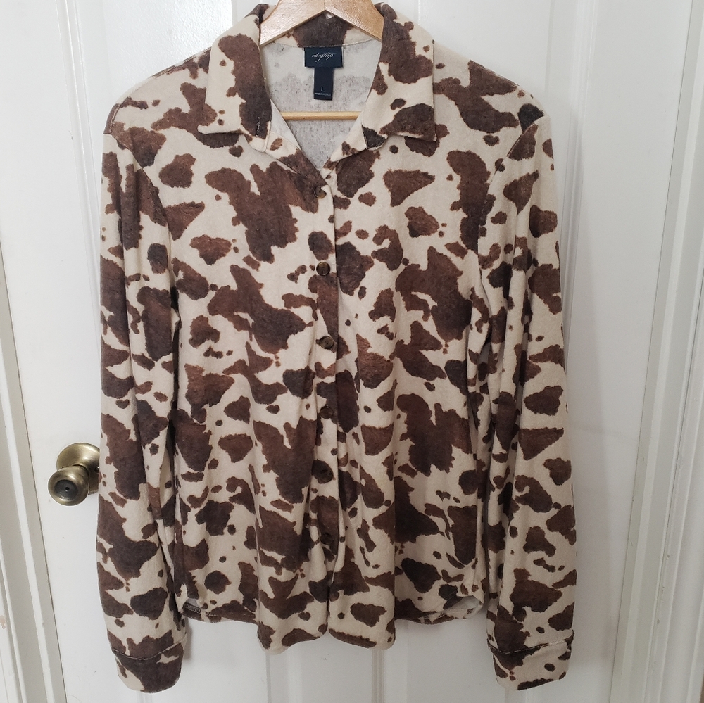 Daytrip Brown Cream Cow Print Soft Patterned Long Sleeve Button Up Shirt Large